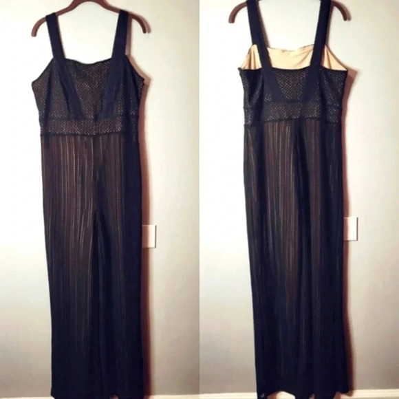 VENUS women's black open knit nude lined crochet lace wide leg jumpsuit, size L - Picture 1 of 12